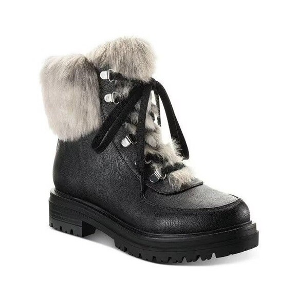 Sun Stone Womens 6.5 M Black Faux Leather Fur Cuff Lace Up Combat Boots NIB HJ5 - Picture 1 of 6